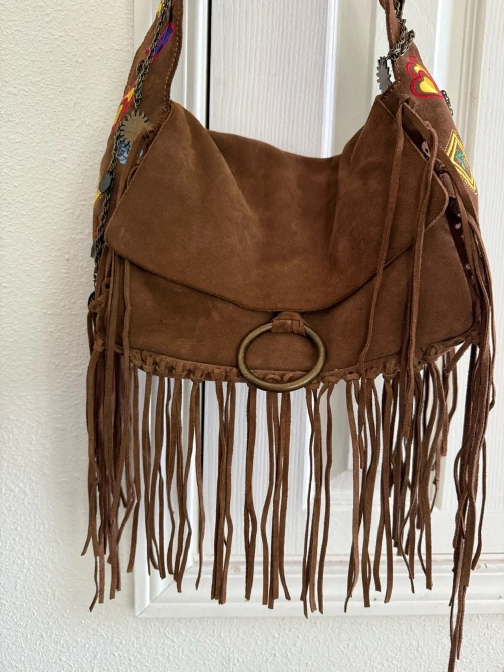 Francesco Biasia Brown Suede Fringe Shoulder Bag with Embroidered Strap - Picture 2 of 8